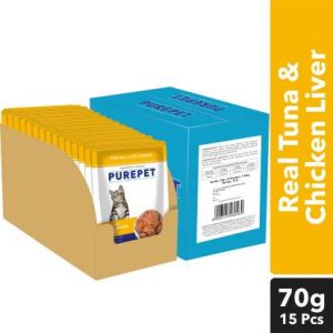 purepet Chunks in gravy(For all life stages) - Chicken Liver and Real Tuna 1.05 kg (15x0.07 kg) Wet Adult Cat Food